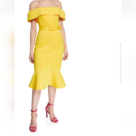 Badgley Mischka Off-the-Shoulder Short-Sleeve Belted Flounce Hem Scuba Dress - Picture 2 of 5